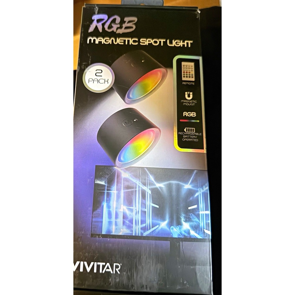 Vivitar RGB LED Magnetic Spot Lights 2-Pack Rechargeable Battery w/ Remote